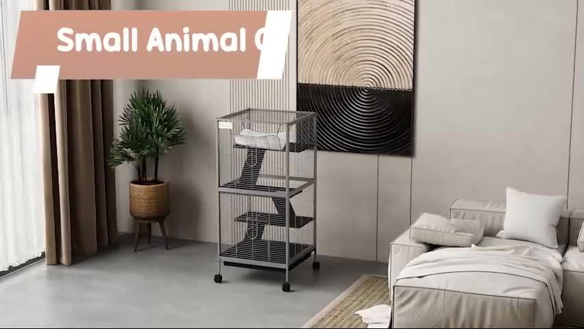PawHut Rolling Small Animal Cage for Chinchillas Ferrets Kittens W/ Ramp Silver