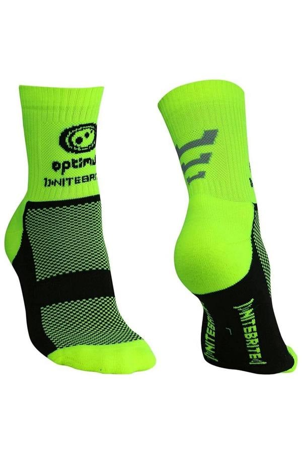 Pair of fluro green Nitebrite cycling socks with black footbeds and logo print on white - Optimum