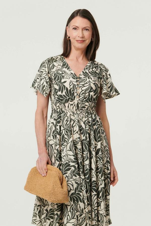 Khaki | Leaf Print Shirred Knee Length Dress
