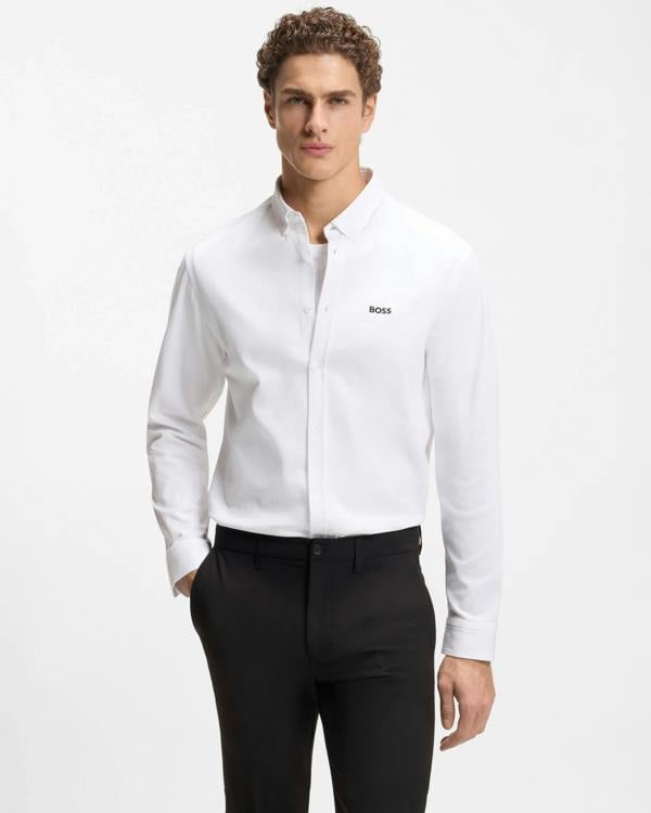BOSS Green ST Motion Mens Long Sleeve shirt in cotton jersey with natural stretch - White 100 | CHO | Designer Mens,Shirts,Long Sleeve
