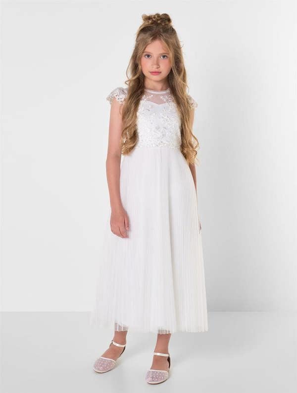 Girls white pleated prom dress