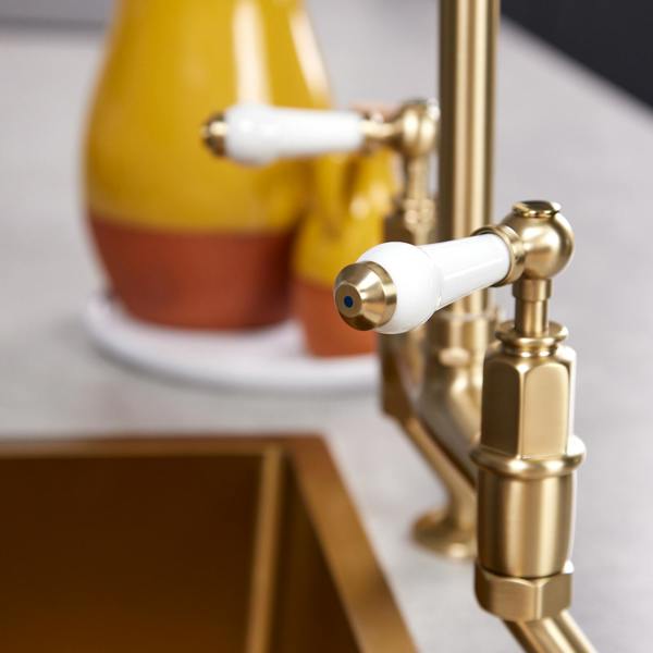 Flode Larvik | Kitchen Dual Lever Bridge Mixer Tap | Brushed Brass Finish