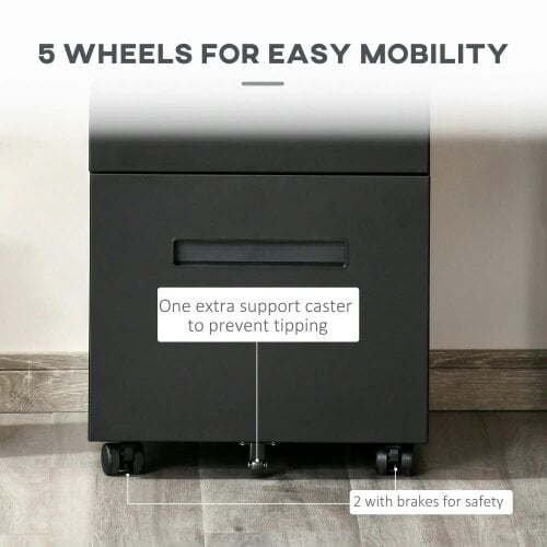 Bobobiy Metal Mobile File Cabinet with Wheels, Lockable 2 Drawer Filing Cabinet for A4, 39 x 48 x 67cm, Black