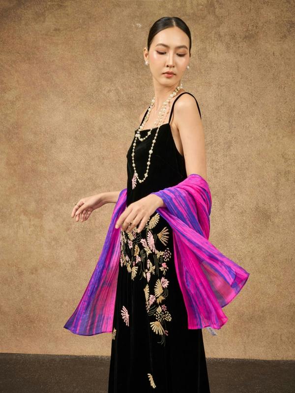 Fuchsia & Blue Brushstroke Silk Scarf – Hand-Dyed Mulberry Silk, Statement & Party Wrap