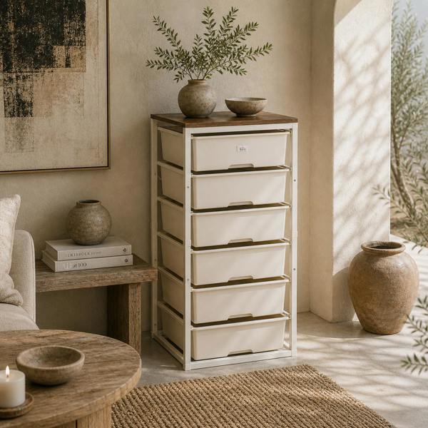 Wyld Haus Kedina Metal And Wood White Tall 6 Drawer Storage Chest With Steel Frame