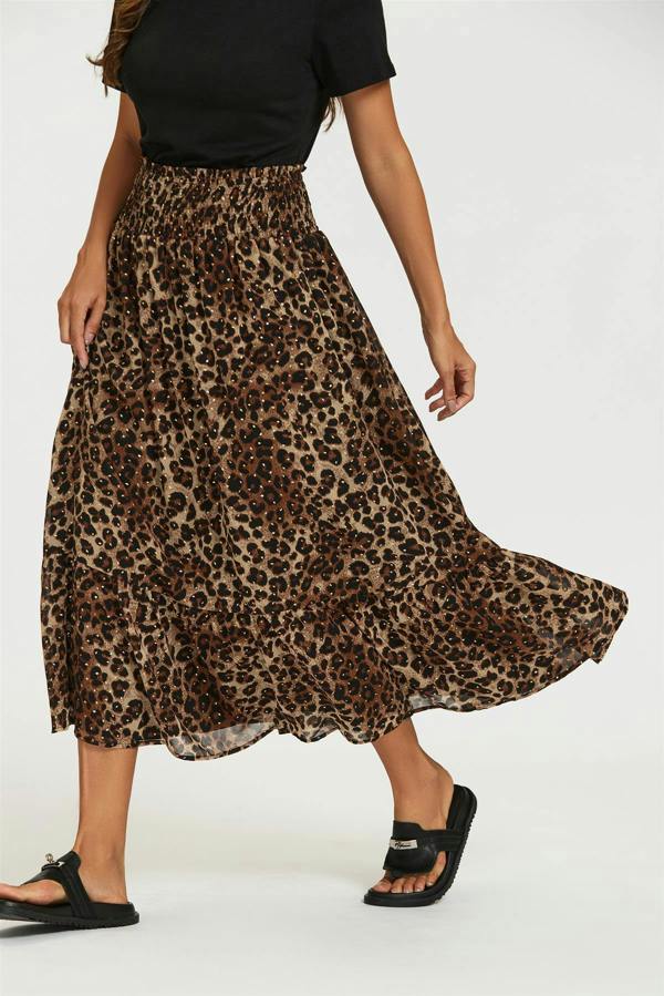 FS Collection Gold Foil Leopard Print Midi Skirt In Brown
