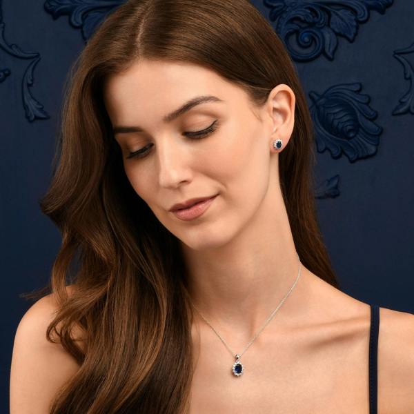 namana 925 Sterling Silver Blue Cubic Zirconia Oval Halo Pendant Necklace