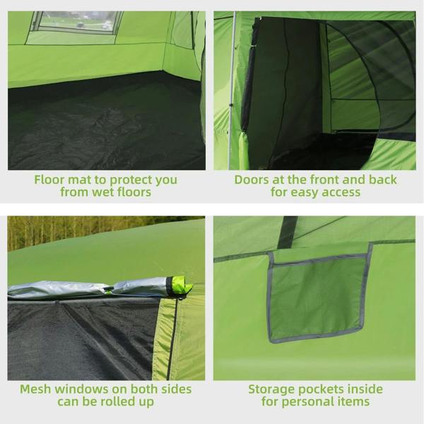 Green two-room tunnel tent interior with rolled mesh windows, doors, and storage pockets