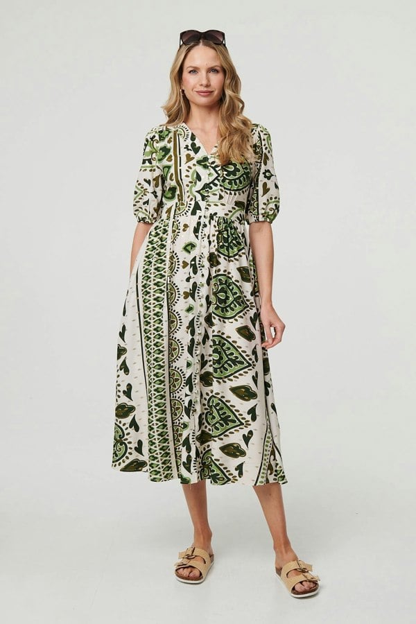 Green | Printed 1/2 Sleeve A-Line Midi Dress
