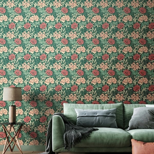 Hoopla Walls Chrysanthemum  - Green & Pink 10m Wallpaper