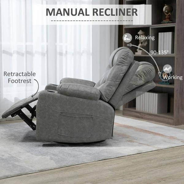 Light grey manual recliner armchair with extended leg rest in reclined position