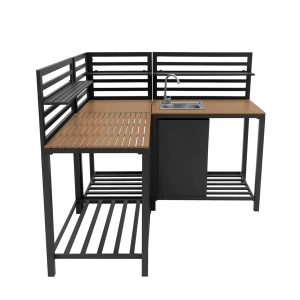 Stylish aluminium and wood outdoor kitchen set featuring a sleek design, ample storage, and a stainless steel sink for convenience