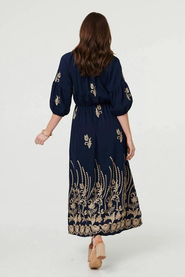 Navy | Floral Embroidered 3/4 Sleeve Maxi Dress