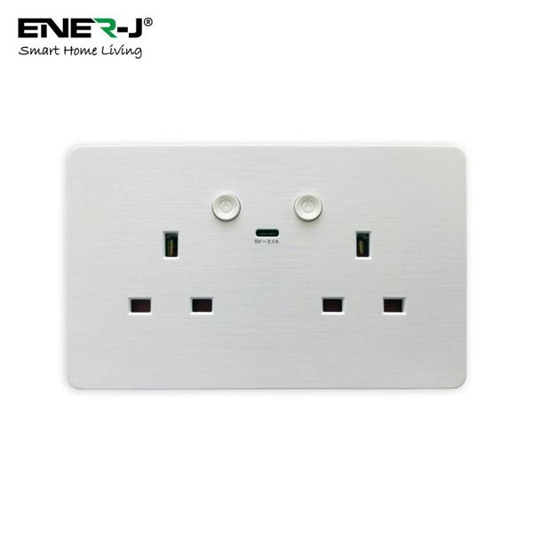 ENER-J Smart Wall Socket – WiFi Double Power Socket with USB & Type-C, Alexa & Google Compatible, 13A UK White