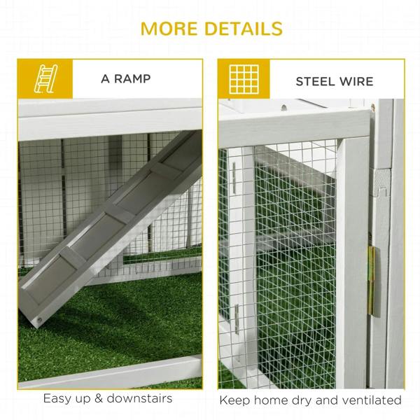 Rabbit hutch with wire enclosure and built-in ramp for easy access between levels