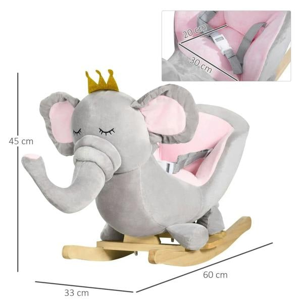 Grey elephant rocking horse with crown, pink ear lining, and wooden rocking base