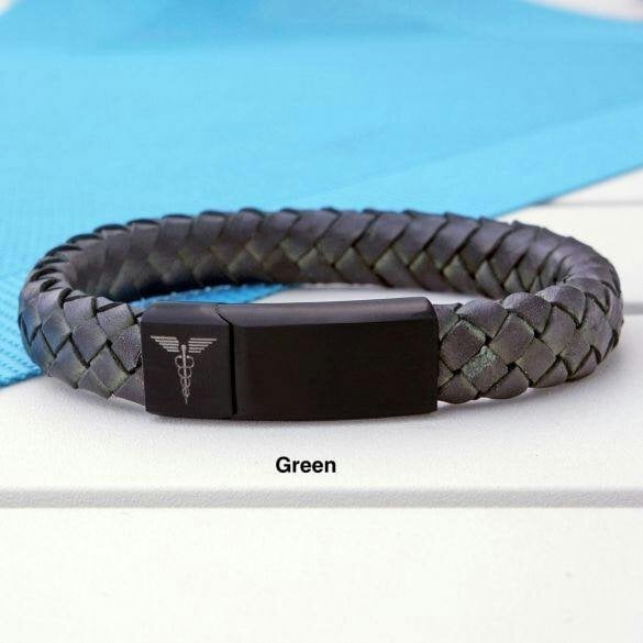 Christopher James of London Unisex Leather and Stainless Steel Medic Bracelet with Free Engraving - Green