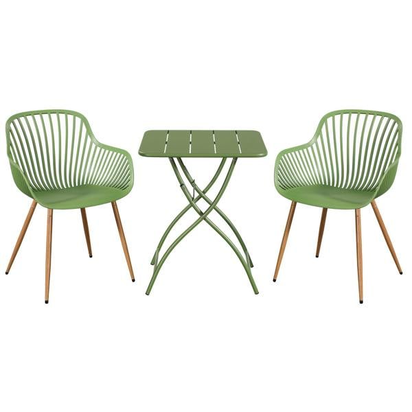 Core Products 3 Piece Bistro Garden Set, Pair Of Sunray Armchairs & Square Metal Folding Table, Moss Green With Wood Effect Legs