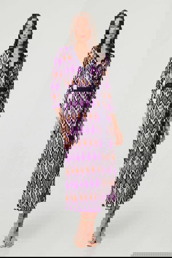 Purple | Geo Print 3/4 Sleeve Wrap Midi Dress