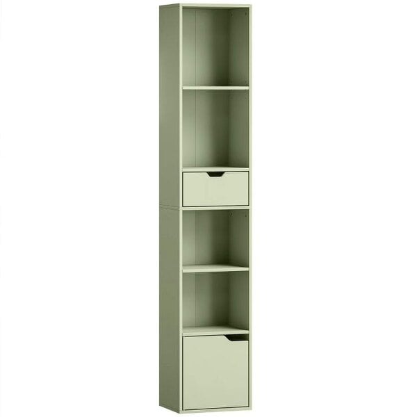 6-Tier Bookcase, Tall Narrow Bookshelf with Drawer and Door - Green
