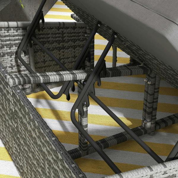 Grey rattan day bed frame and support bars under the cushion platform