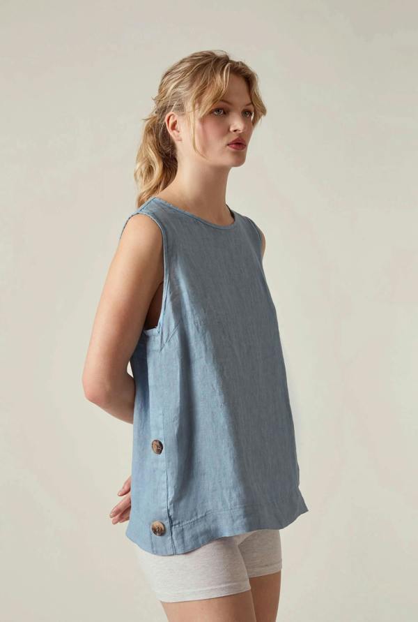 James Lakeland Denim Blue Linen Sleeveless Top