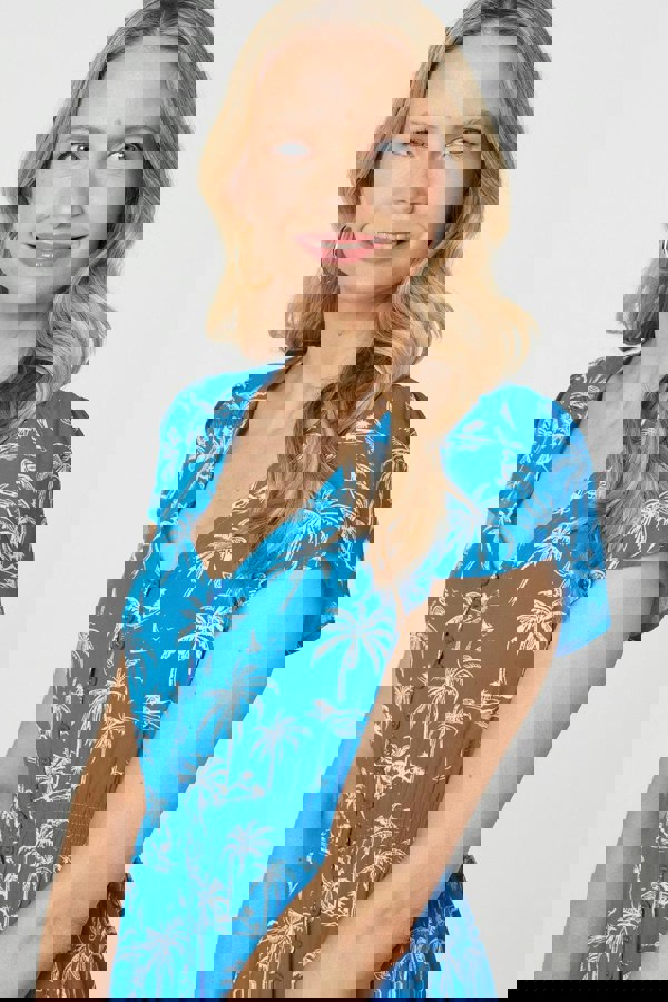 Blue | Tropical Print Angel Sleeve Maxi Dress