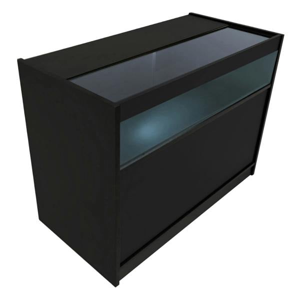 Gravity LED Shop Counter Set in black, featuring sleek lines, a glass top, and illuminated display area for showcasing products