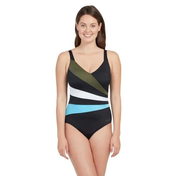 Zoggs wrap panel classicback swimsuit in black teal geometric stretch fabric