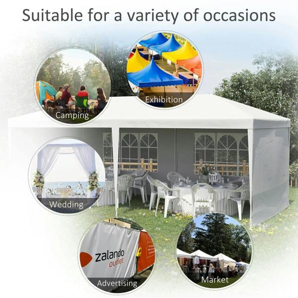 White party tent gazebo with window side panels and peaked roof, set up for events