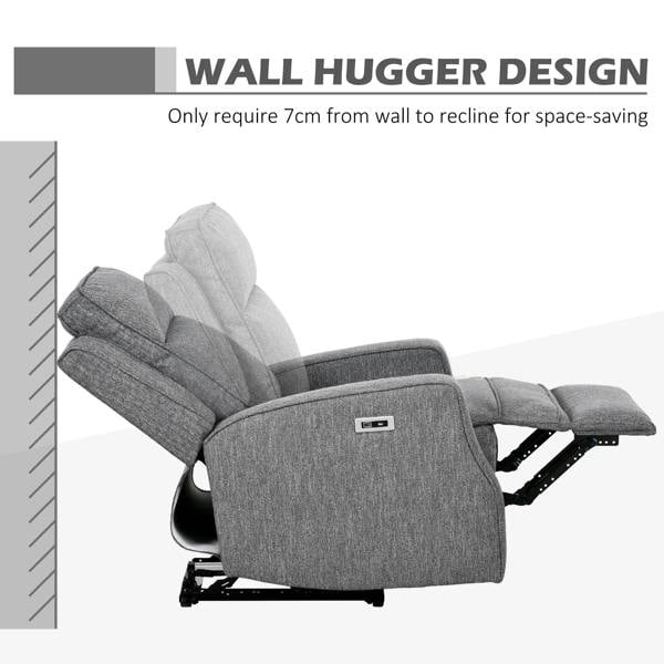 Charcoal grey wall-hugging electric recliner with footrest, side control on armrest