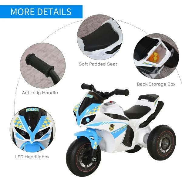 Police ride-on bike details: padded seat, storage box, LED headlights, anti-slip grips