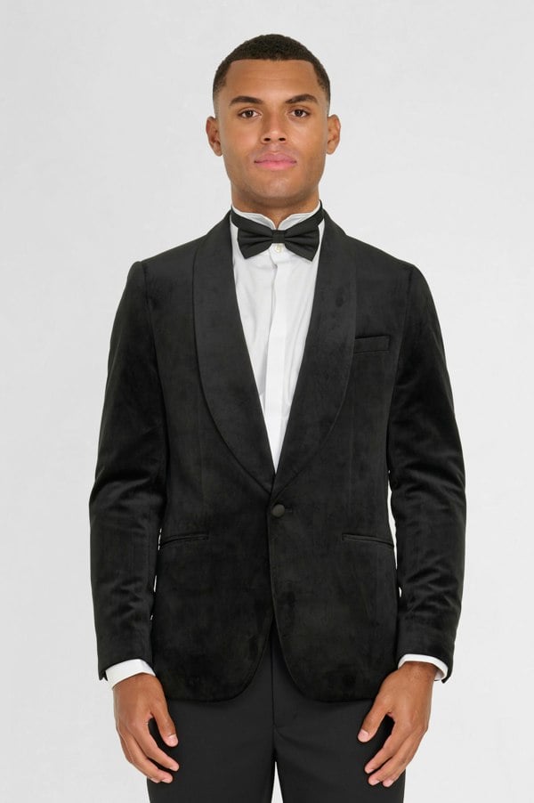 Harry Brown London Leo Velvet Tuxedo Dinner Jacket with Shawl Lapel Detail in Black