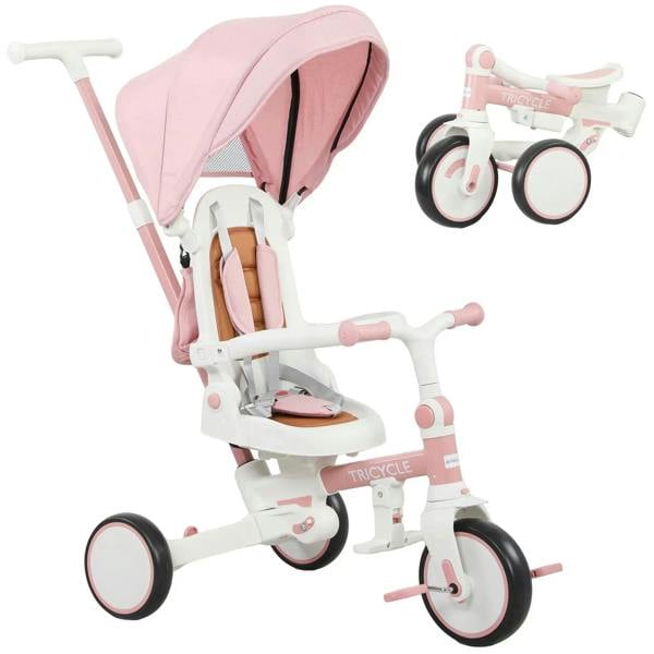 Pink kids tricycle with adjustable backrest, push handle, and white frame