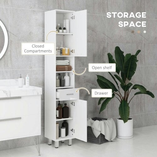 Bobobiy 71" Tall Slim Bathroom Storage Cabinet, Tall Narrow Cupboard with Drawer, 2 Doors Cabinets and Adjustable Shelves, High Gloss White