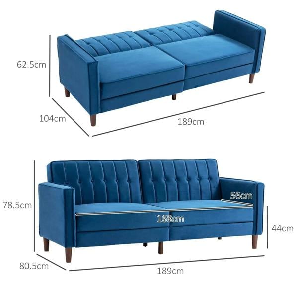 Blue velvet-feel three-seater sofa bed with tufted backrest and split seat, angled view