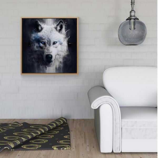 Warren Reed White Wolf Face Splash Art Dark Backgrouns Framed Canvas