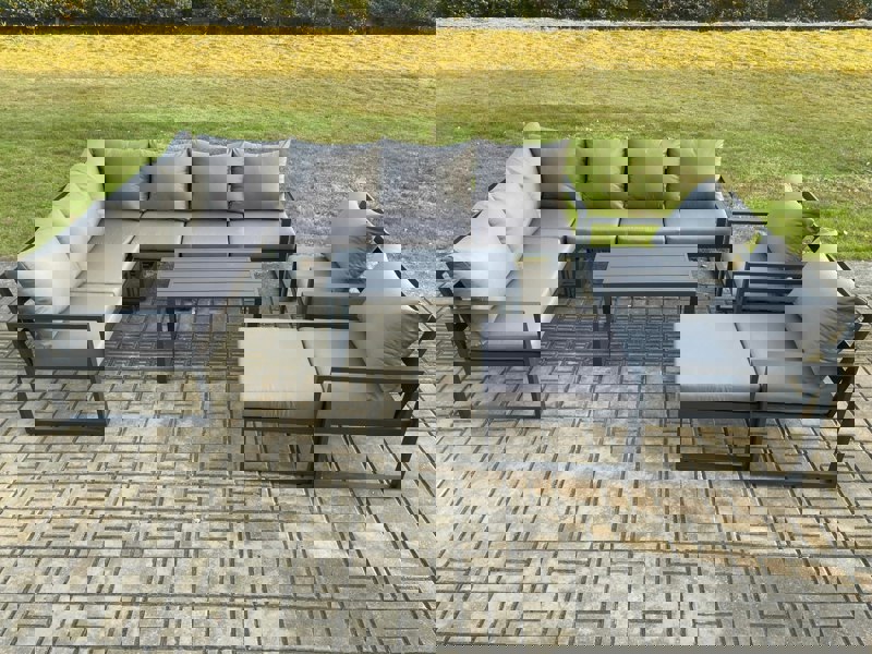 Fimous Aluminium Garden Furniture Set Outdoor Indoor Lounge Corner Sofa 2 Pcs Chair Oblong Coffee Table Sets with Big Footstool Dark Grey