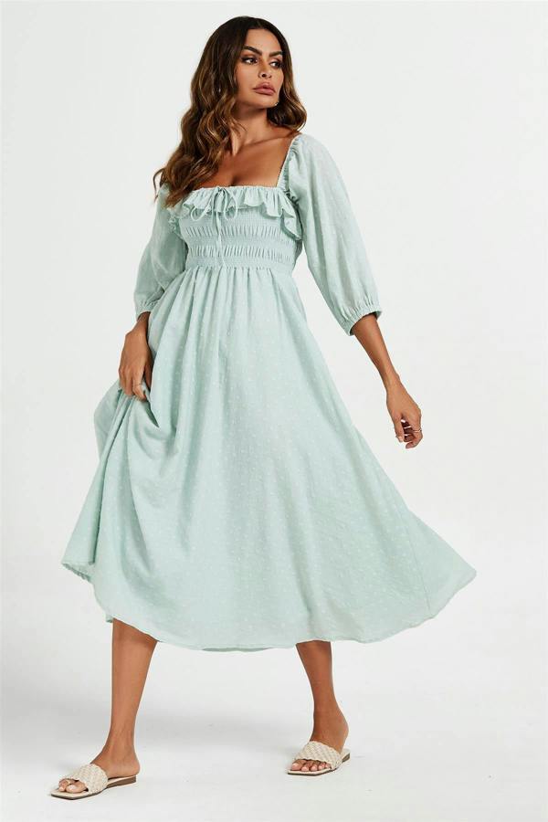 FS Collection Frill Detail Square Neckline Midi Dress In Light Green