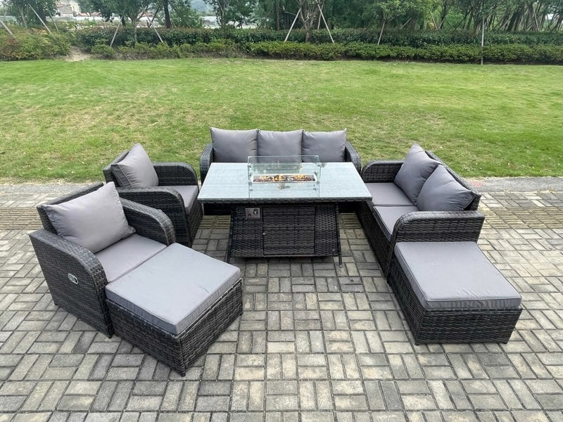 Fimous Garden Patio Furniture Wicker Rattan Gas Fire Pit Table and Sofa Chair set with 2 Big Footstool