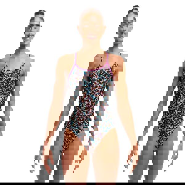 Funkita Copper Cluster Diamond Back swimsuit in black/multi with floral print