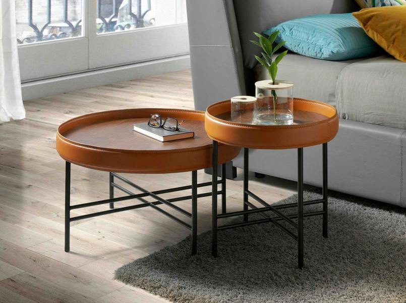 Angel Cerdá Round Coffee Table in Leatherette, Walnut and Black Steel 2058