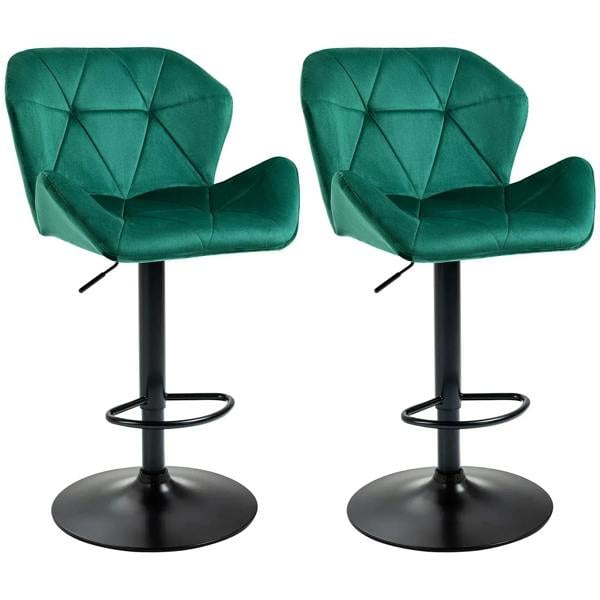Green velvet-touch bar stool with tufted back and curved seat, black metal pedestal base