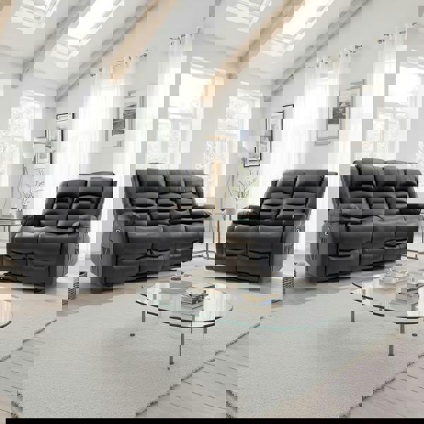 Furnishings For Less Arlo Black or Grey Leather Like Electric Reclining Sofa Suite 3 + 2 USB + Drinks Tray