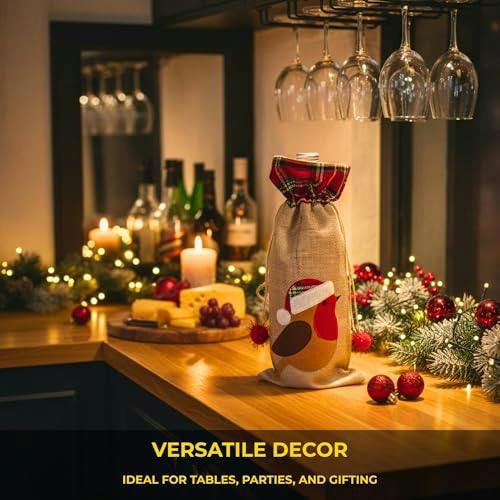 15 x 35 cm Christmas Wine Bottle Cover Bag with Drawstring, Festive Robin Printed Design image 6