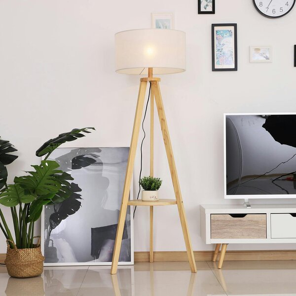 Wyld Haus Laravi Natural Wood And Fabric Cream Tripod Floor Lamp With Shelf And Linen Shade 154 cm