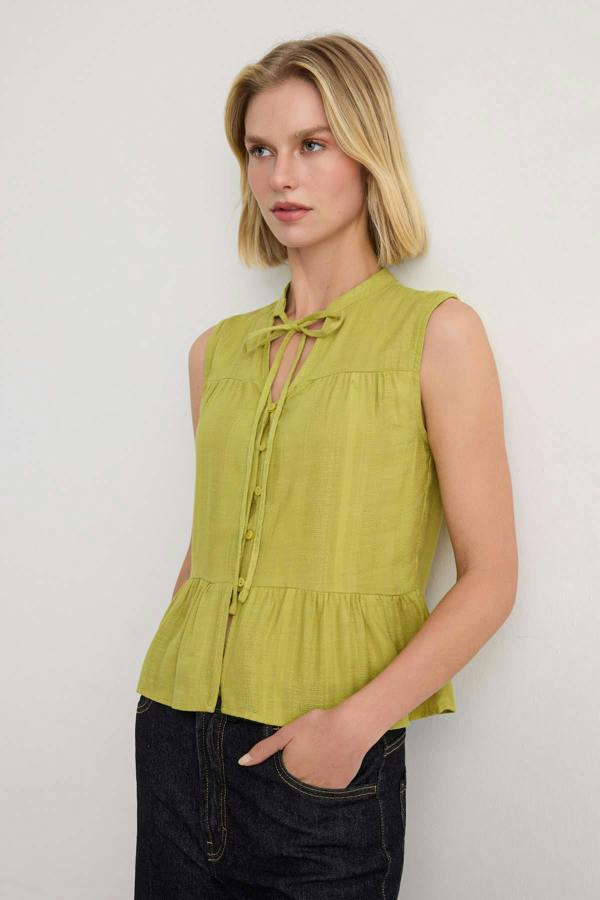 WOVCOR Sleeveless Mandarin Collar Relaxed Fit Shirt - OLIVEGREEN