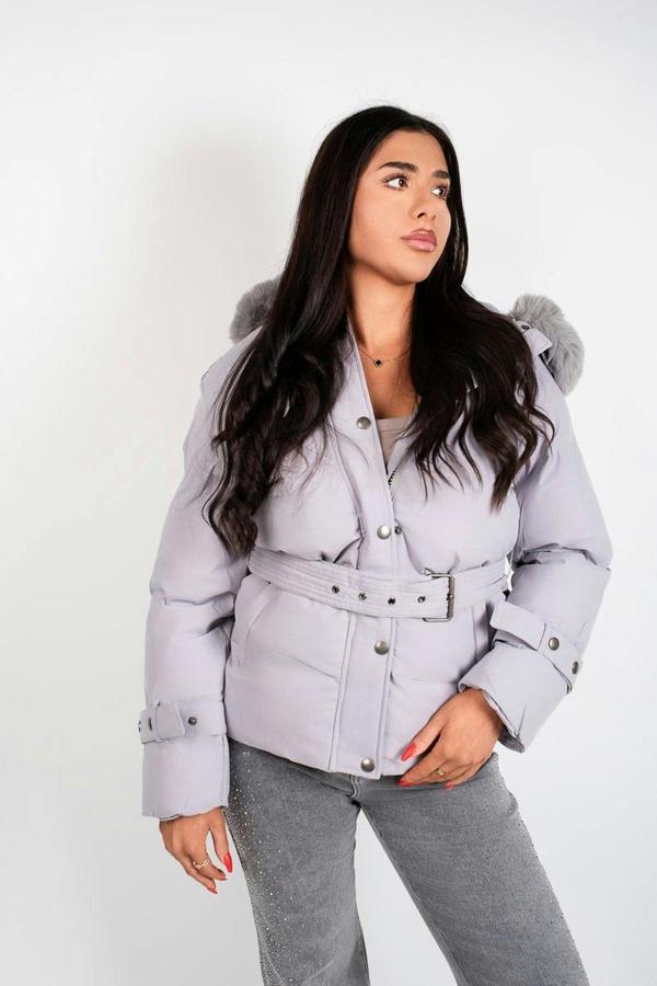 Serelina Belted Puffer Jacket With Faux Fur Hood - Grey