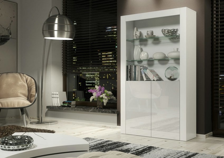 Mex Furniture Tall Display Cabinet 170cm White Matt Body and White Gloss Doors – Modern Open Shelving Unit