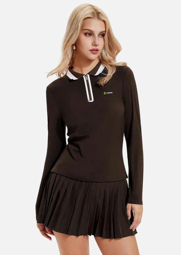 Anniou UPF 50+ Long-Sleeve Polo Pickleball Skirt Set - Brown